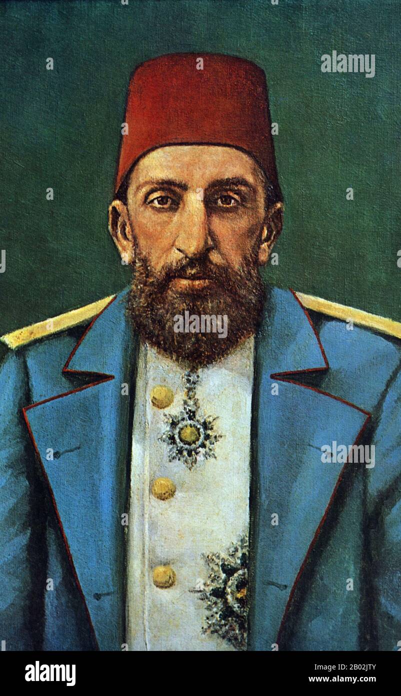 Abdul Hamid II (Ottoman Turkish: عبد الحميد ثانی, `Abdü’l-Ḥamīd-i sânî; Turkish: İkinci Abdülhamit; 22 September 1842 – 10 February 1918) was the 34th Sultan of the Ottoman Empire and the last Sultan to exert effective autocratic control over the fracturing state. He oversaw a period of decline in the power and extent of the Empire, including widespread pogroms and government massacres against the minorities of the Empire (named the Hamidian massacres after him) as well as an assassination attempt, ruling from 31 August 1876 until he was deposed shortly after the 1908 Young Turk Revolution, on Stock Photo